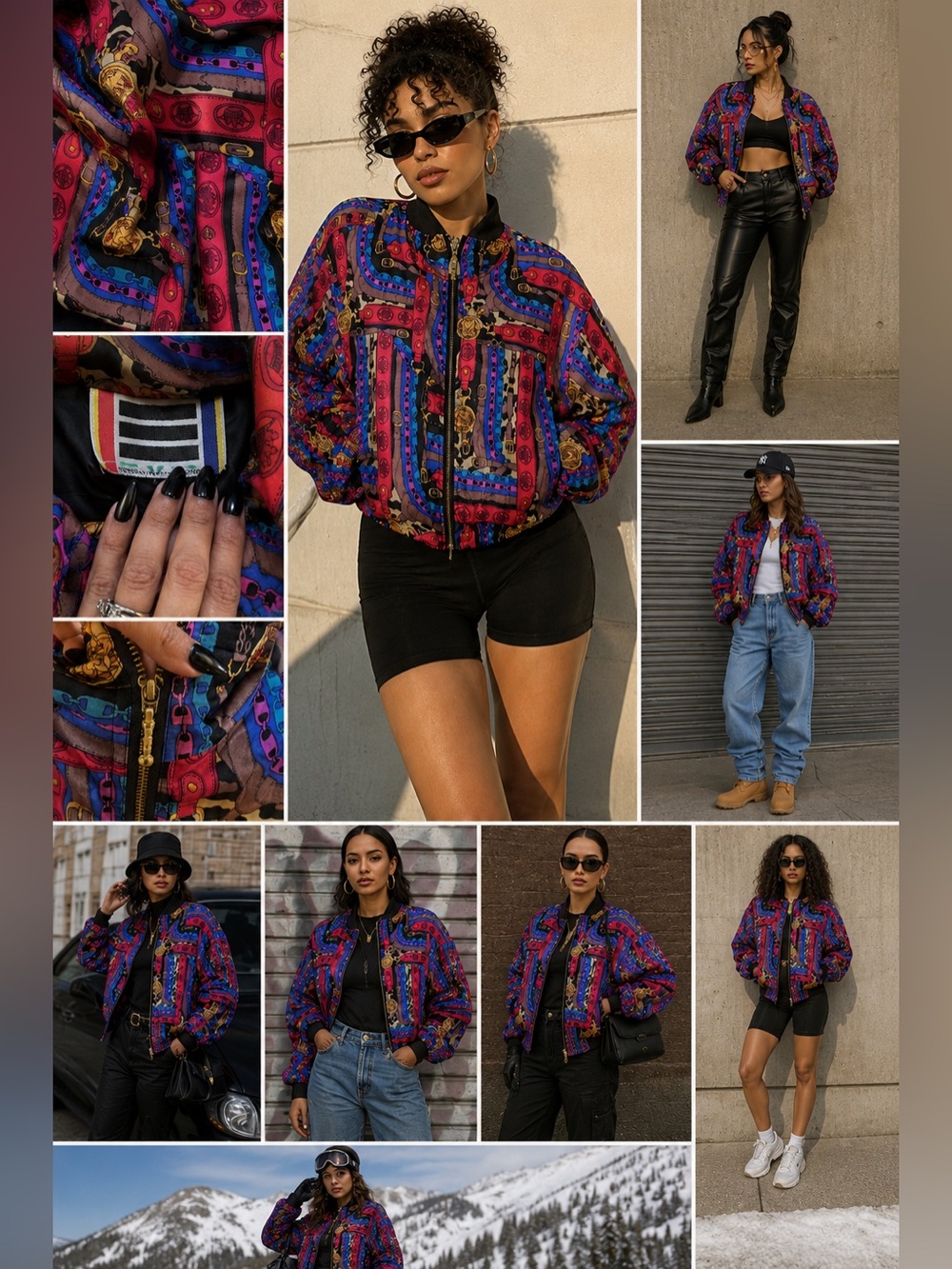 Vintage 80s EVR Silk Bomber Hip Hop Jacket Coat Horsebit Print Chain 100% silk